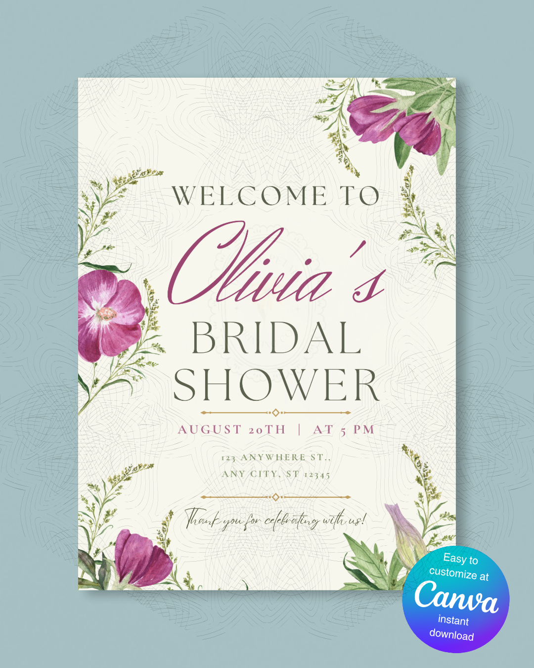 Purple Wildflower Bridal Shower Welcome Sign | Editable Canva Template | Digital Download