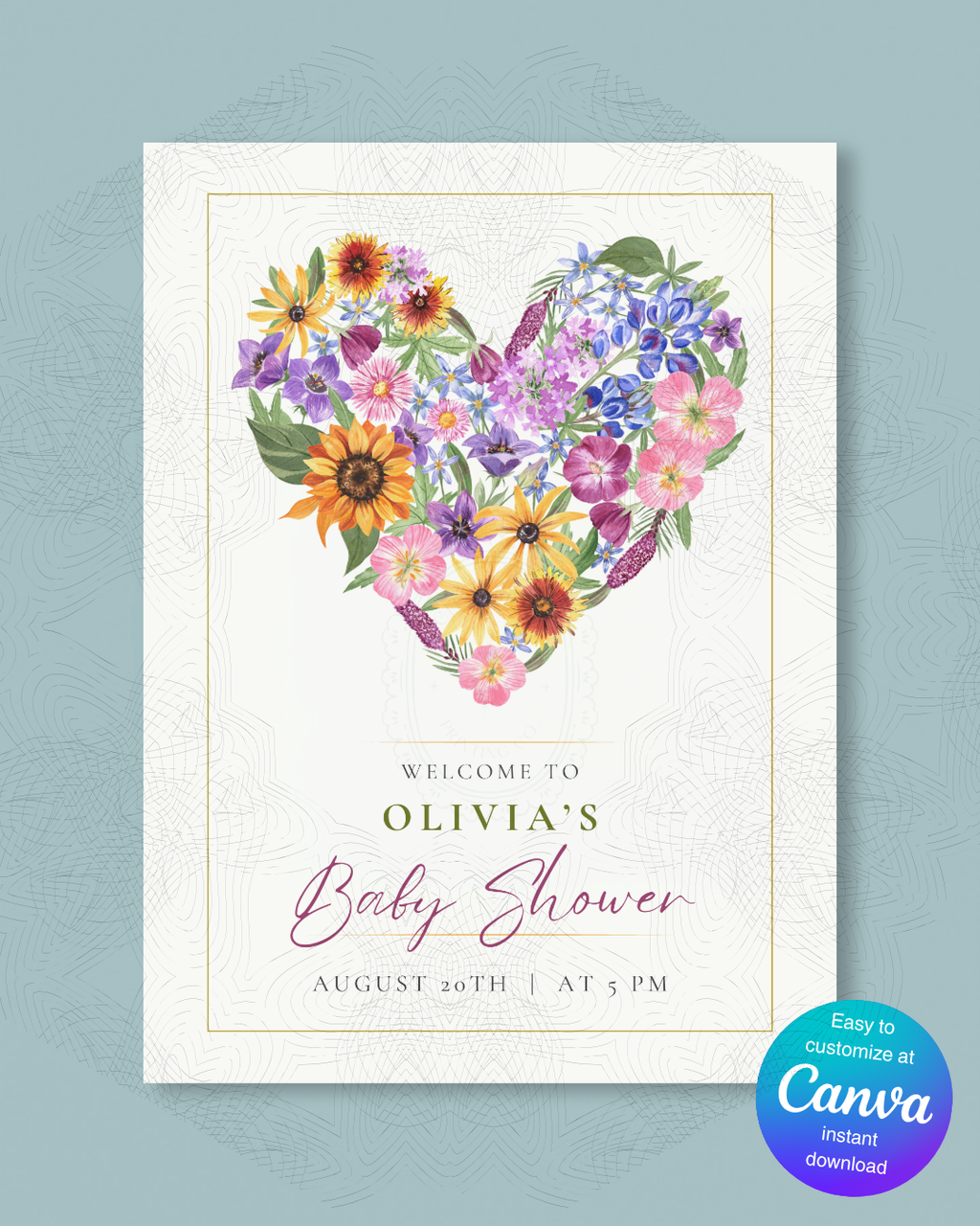 Wildflower Heart Baby Shower Welcome Sign | Editable Canva Template | Instant Digital Download