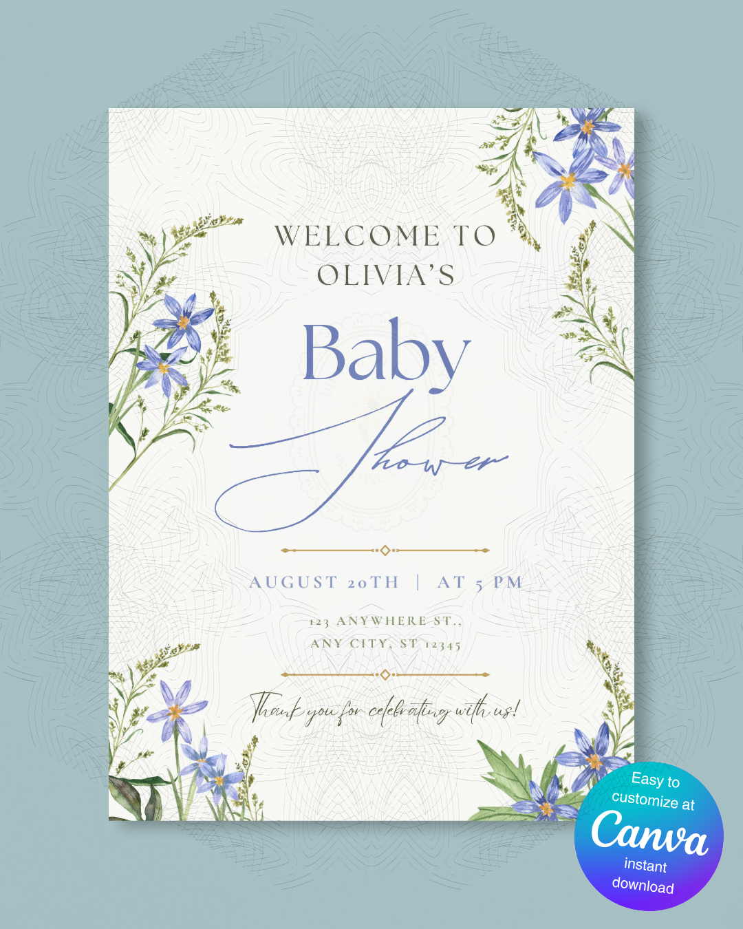 Blue Wildflower Baby Shower Welcome Sign | Editable Canva Template | Digital Download
