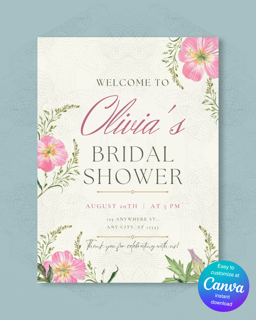 Pink Wildflower Bridal Shower Welcome Sign | Editable Canva Template | Digital Download
