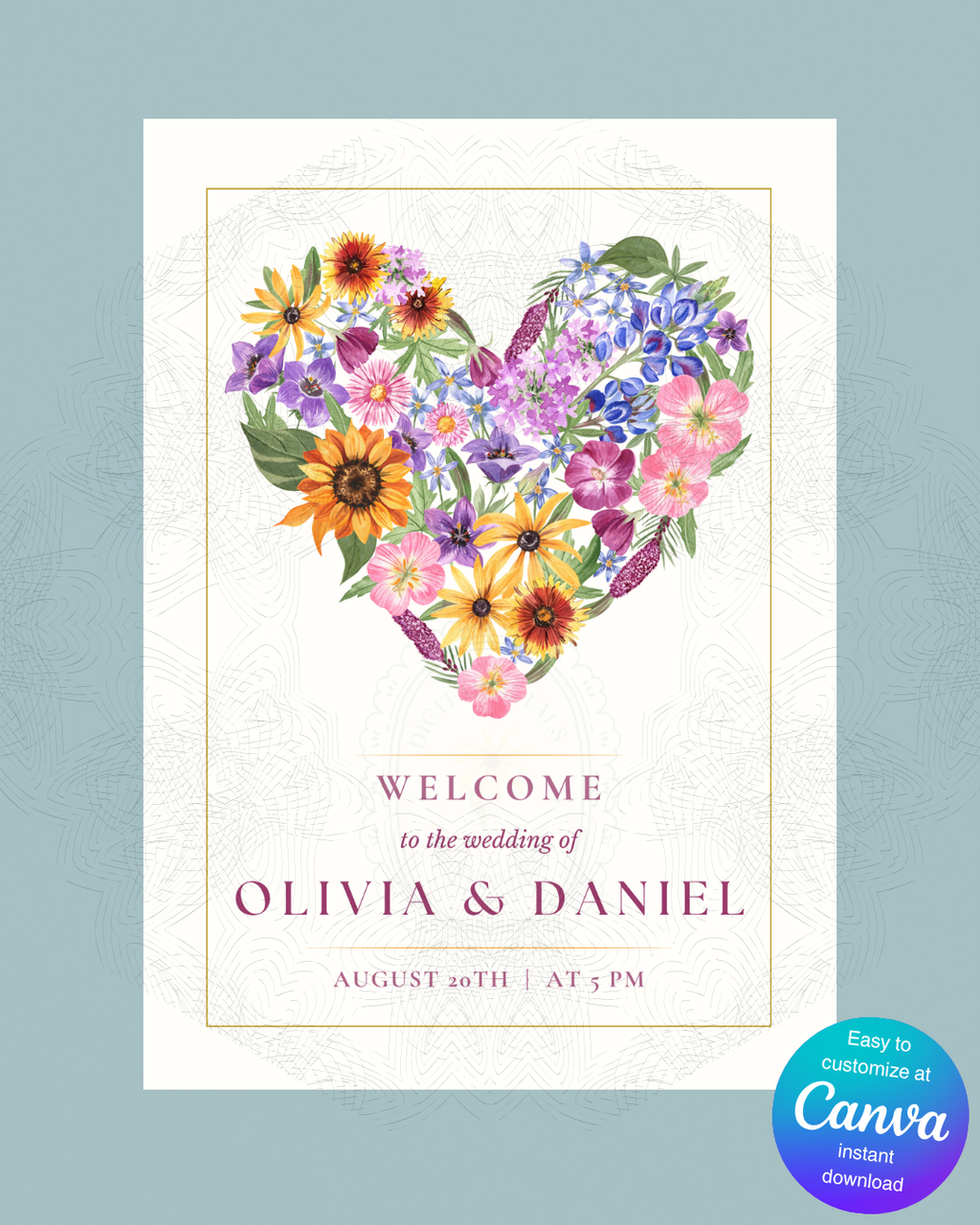 Wildflower Heart Bridal Shower Welcome Sign | Editable Canva Template | Digital Download