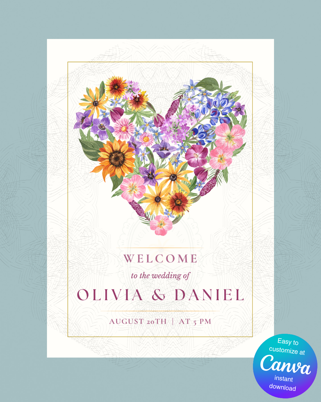 Wildflower Heart Bridal Shower Welcome Sign | Editable Canva Template | Digital Download
