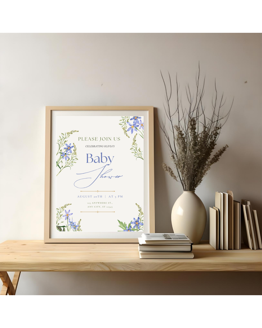 Blue Wildflower Baby Shower Invitation | Minimalist Printable Invite | Digital Download