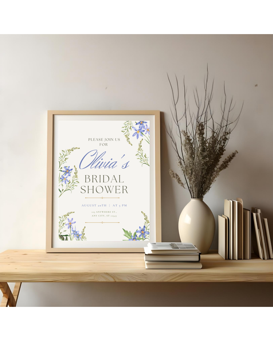 Blue Wildflower Bridal Shower Invitation | Minimalist Printable Invite | Digital Download