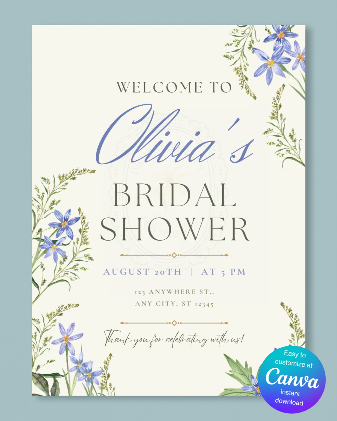 Blue Wildflower Bridal Shower Welcome Sign | Editable Canva Template | Digital Download