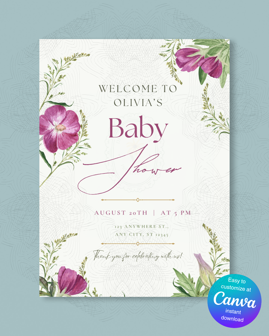 Purple Wildflower Baby Shower Welcome Sign | Editable Canva Template | Digital Download