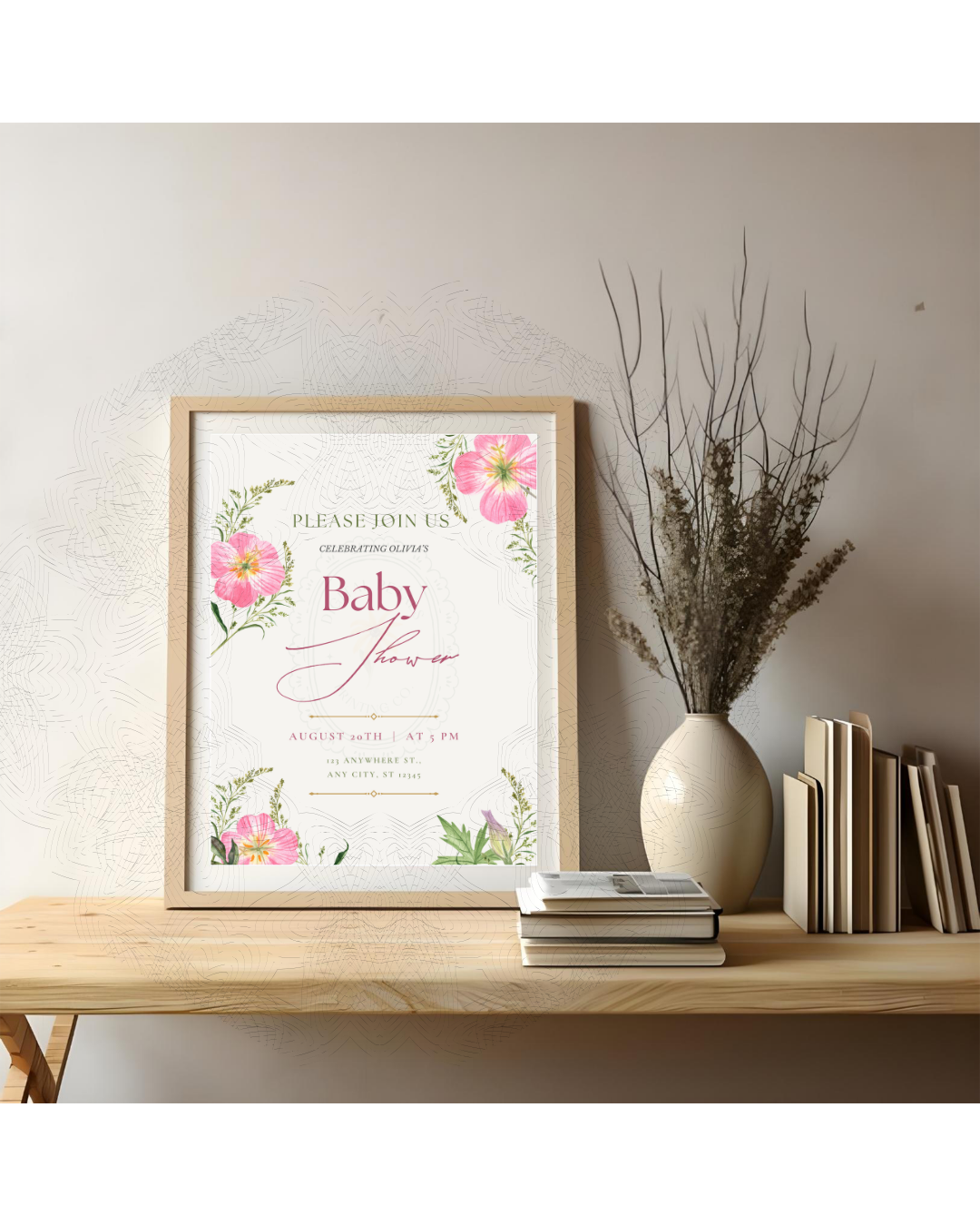 Pink Wildflower Baby Shower Invitation | Minimalist Printable Invite | Digital Download