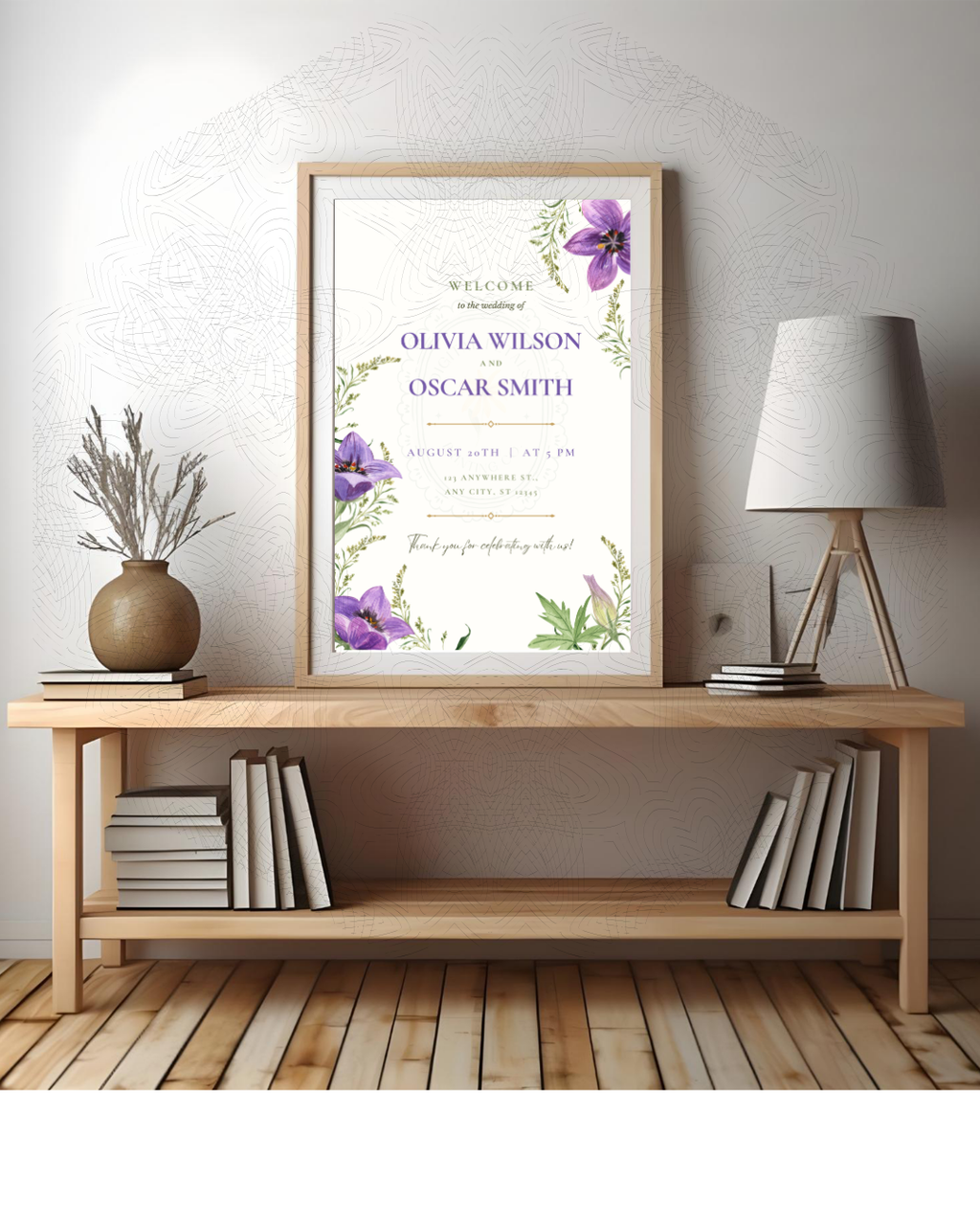 Violet Wildflower Wedding Welcome Sign | Editable Canva Template | Digital Download