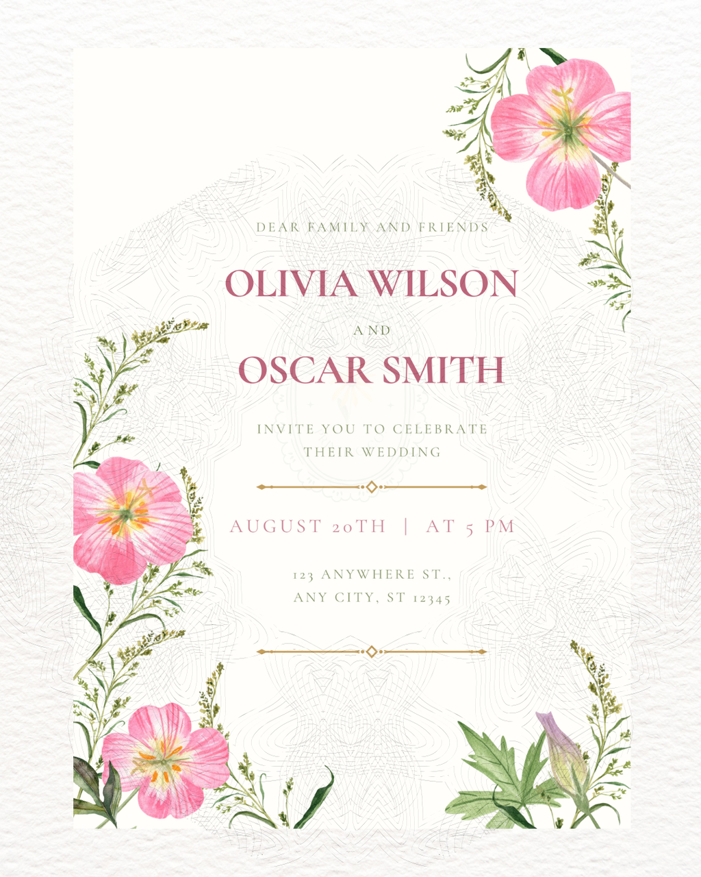 Pink Primrose Wildflower Wedding Invitation | Minimalist Printable Invite | Digital Download