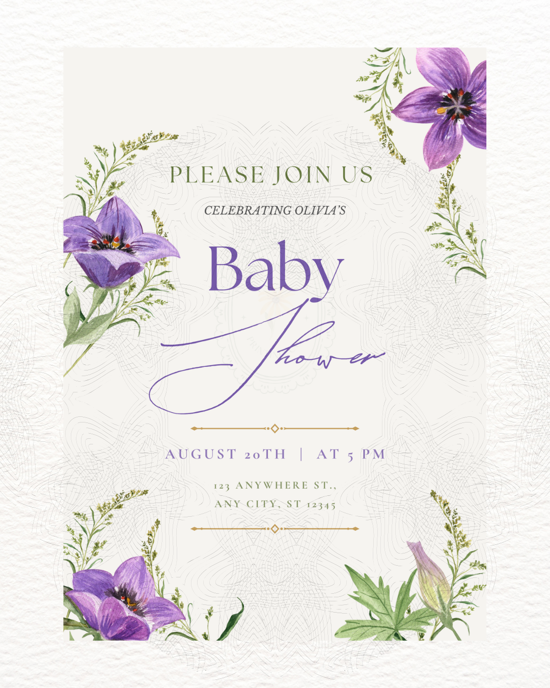 Violet Wildflower Baby Shower Invitation | Minimalist Printable Invite | Digital Download