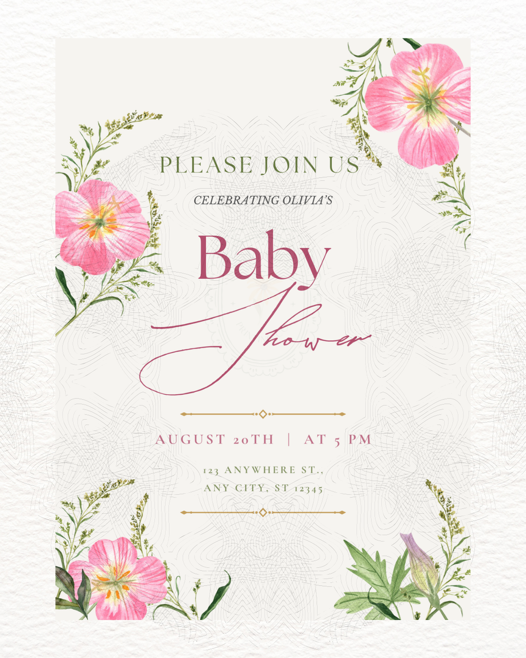 Pink Wildflower Baby Shower Invitation | Minimalist Printable Invite | Digital Download