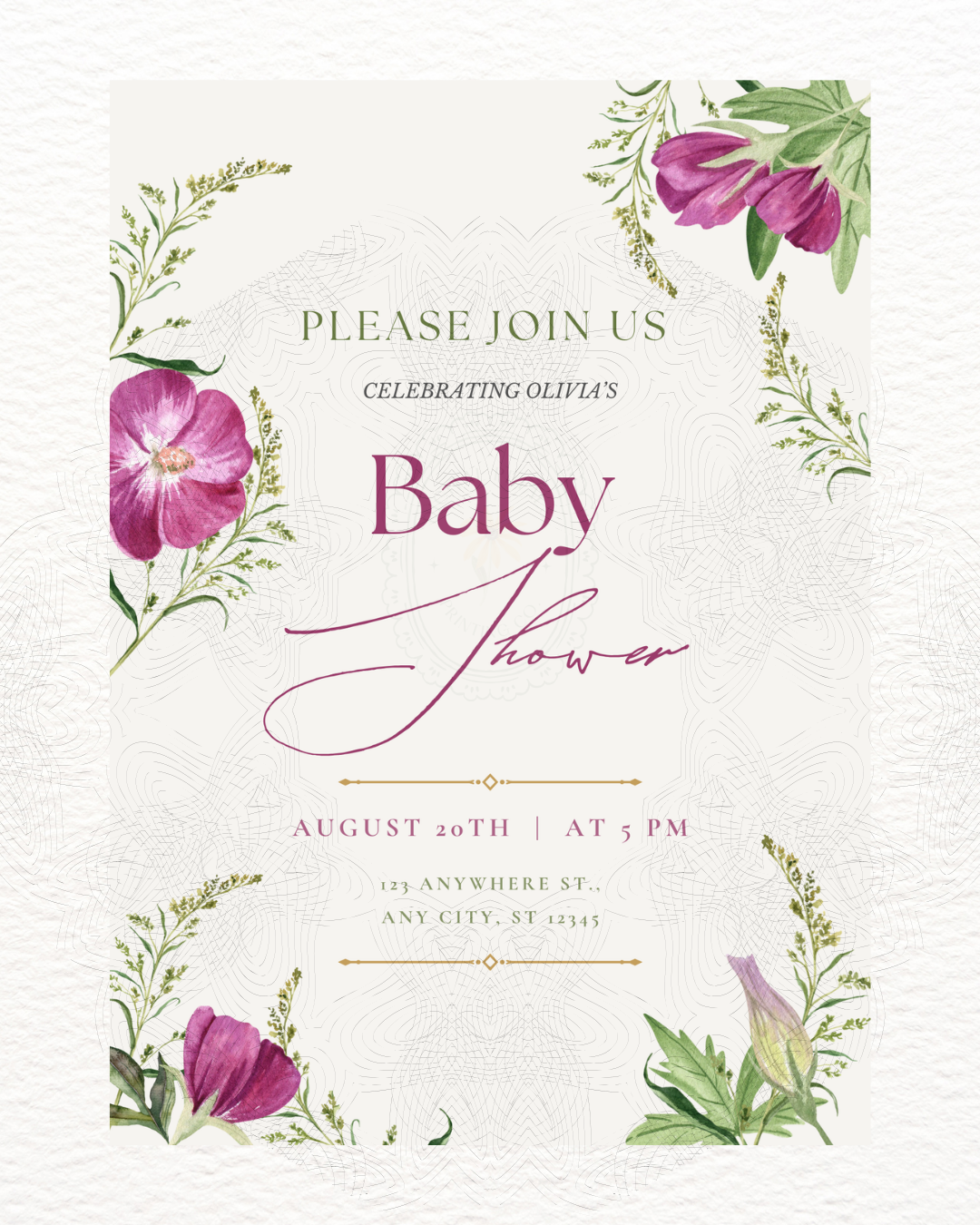 Purple Wildflower Baby Shower Invitation | Minimalist Printable Invite | Digital Download