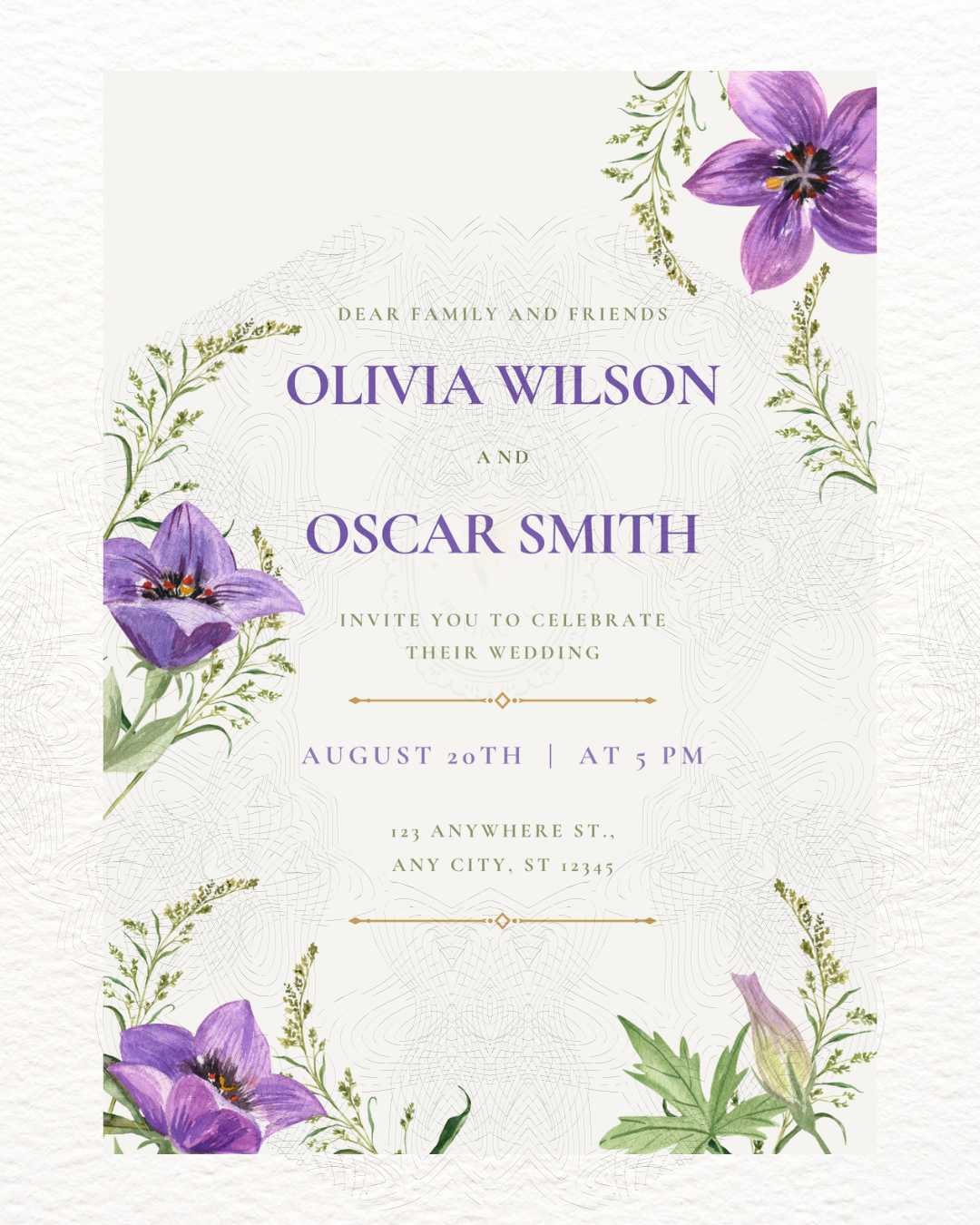 Violet Wildflower Wedding Invitation | Minimalist Printable Invite | Digital Download