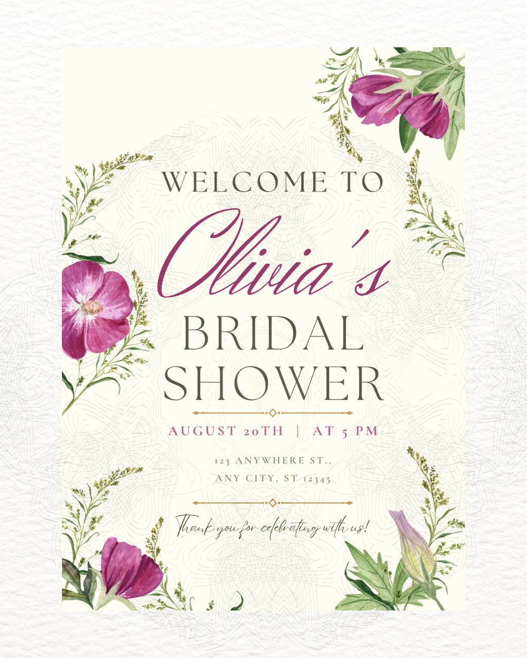 Purple Wildflower Bridal Shower Welcome Sign | Editable Canva Template | Digital Download