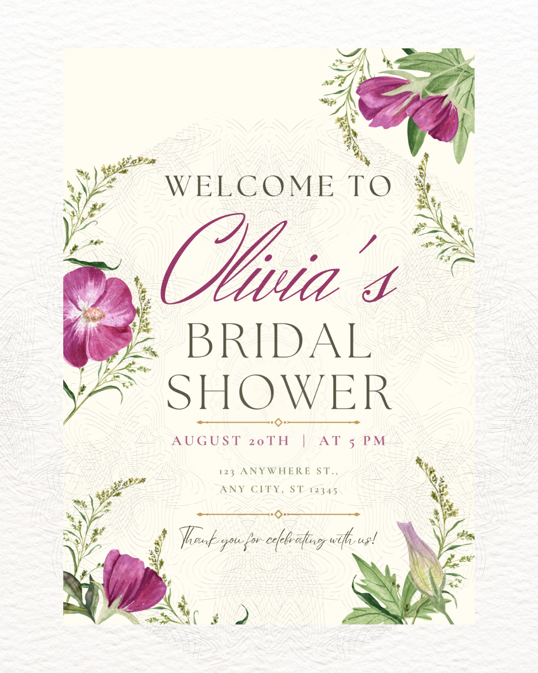 Purple Wildflower Bridal Shower Welcome Sign | Editable Canva Template | Digital Download