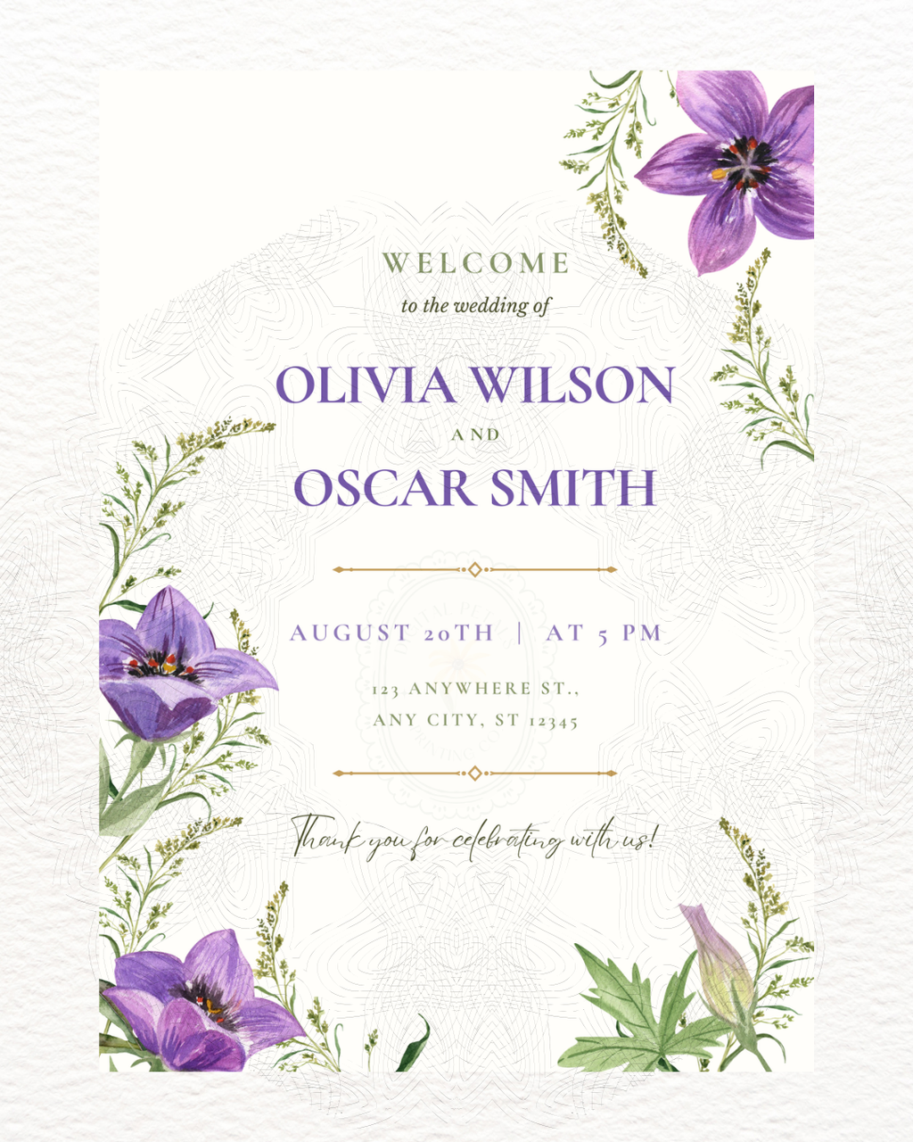 Violet Wildflower Wedding Welcome Sign | Editable Canva Template | Digital Download