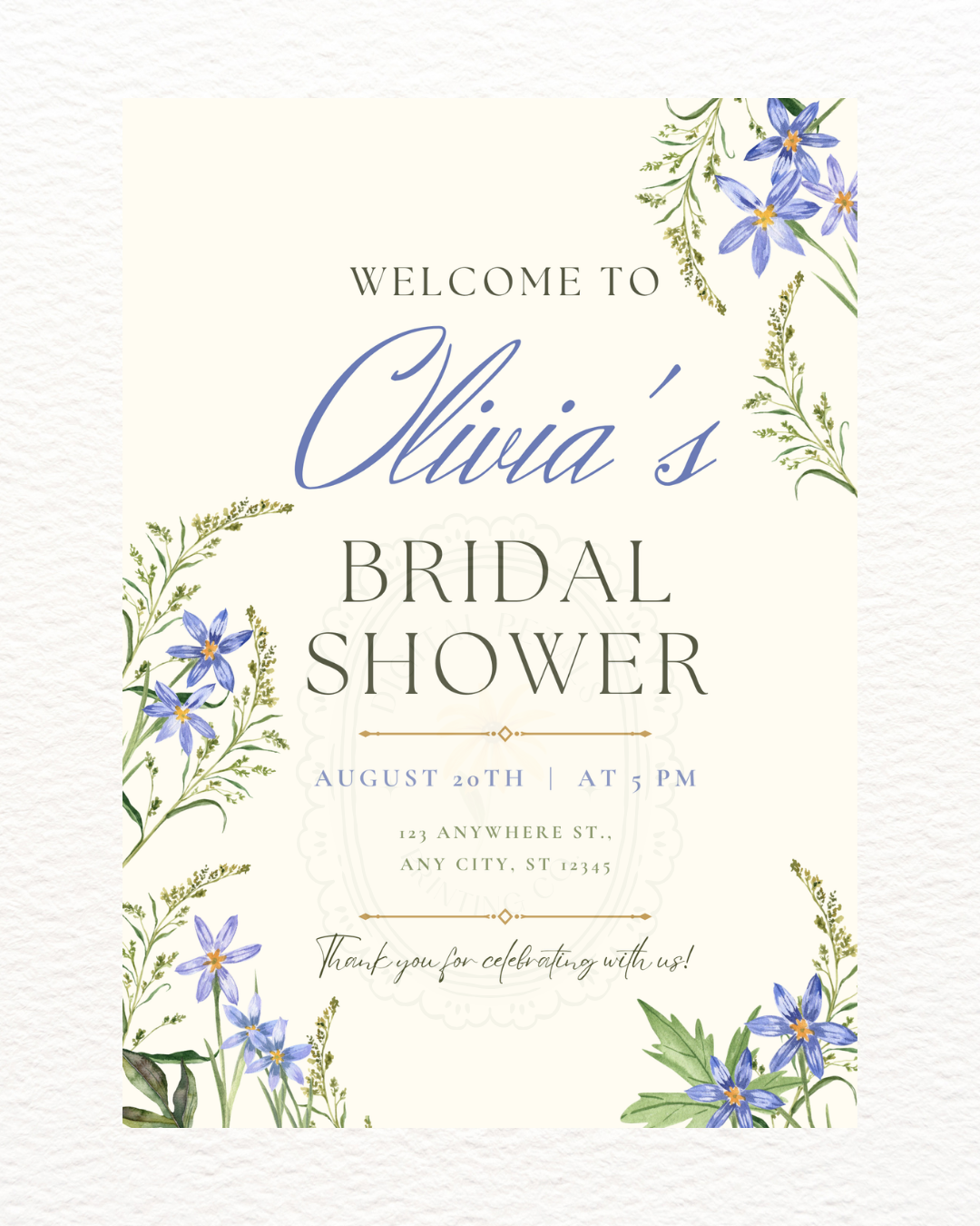 Blue Wildflower Bridal Shower Welcome Sign | Editable Canva Template | Digital Download