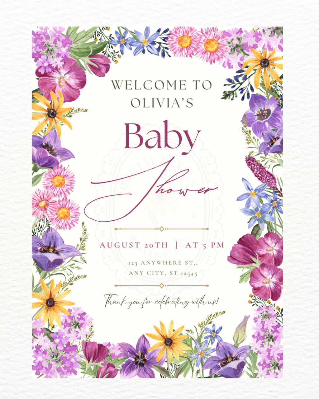 Wildflower Border Baby Shower Welcome Sign | Editable Canva Template | Digital Download