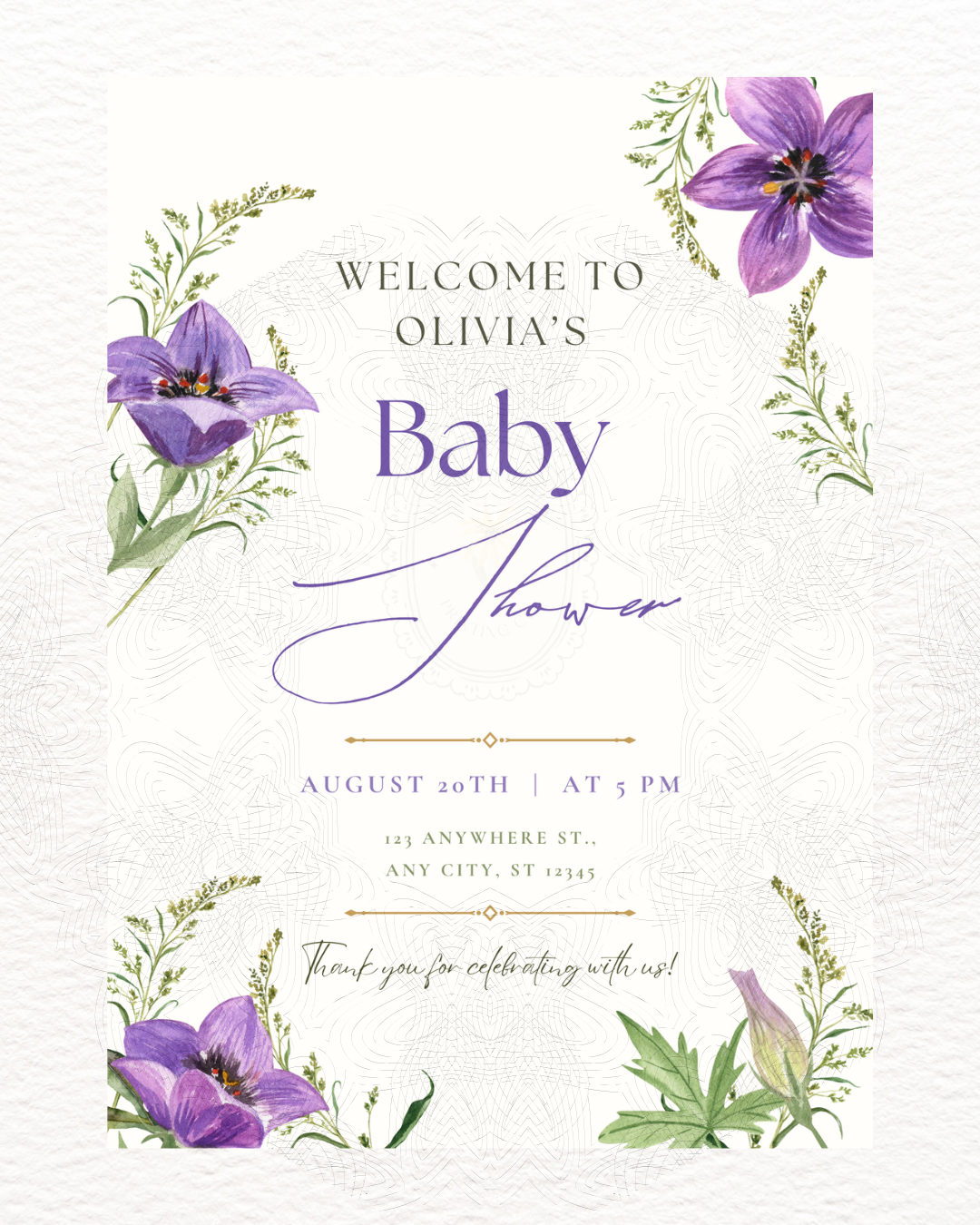 Violet Wildflower Baby Shower Welcome Sign | Editable Canva Template | Digital Download