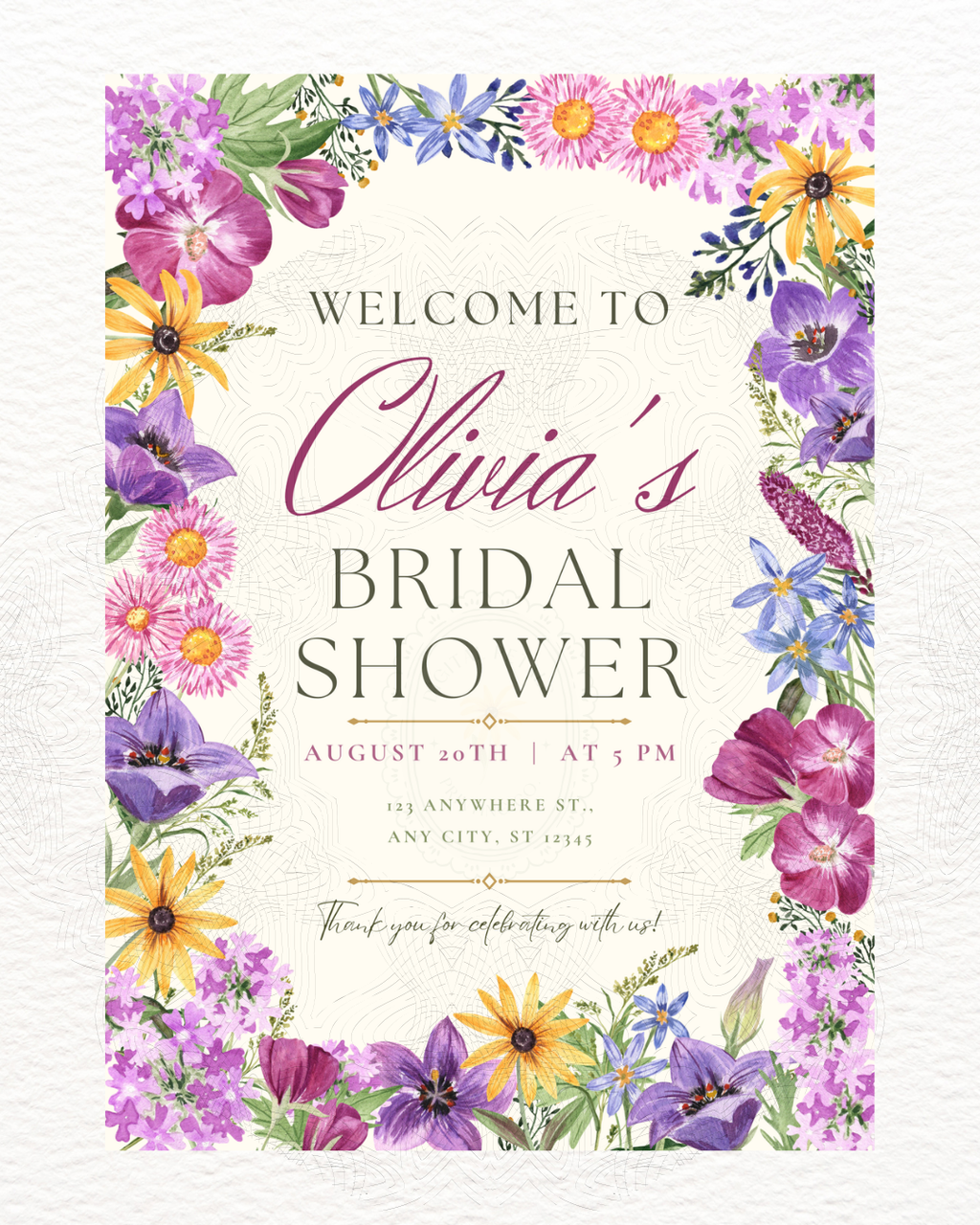 Wildflower Border Bridal Shower Welcome Sign | Editable Canva Template | Digital Download