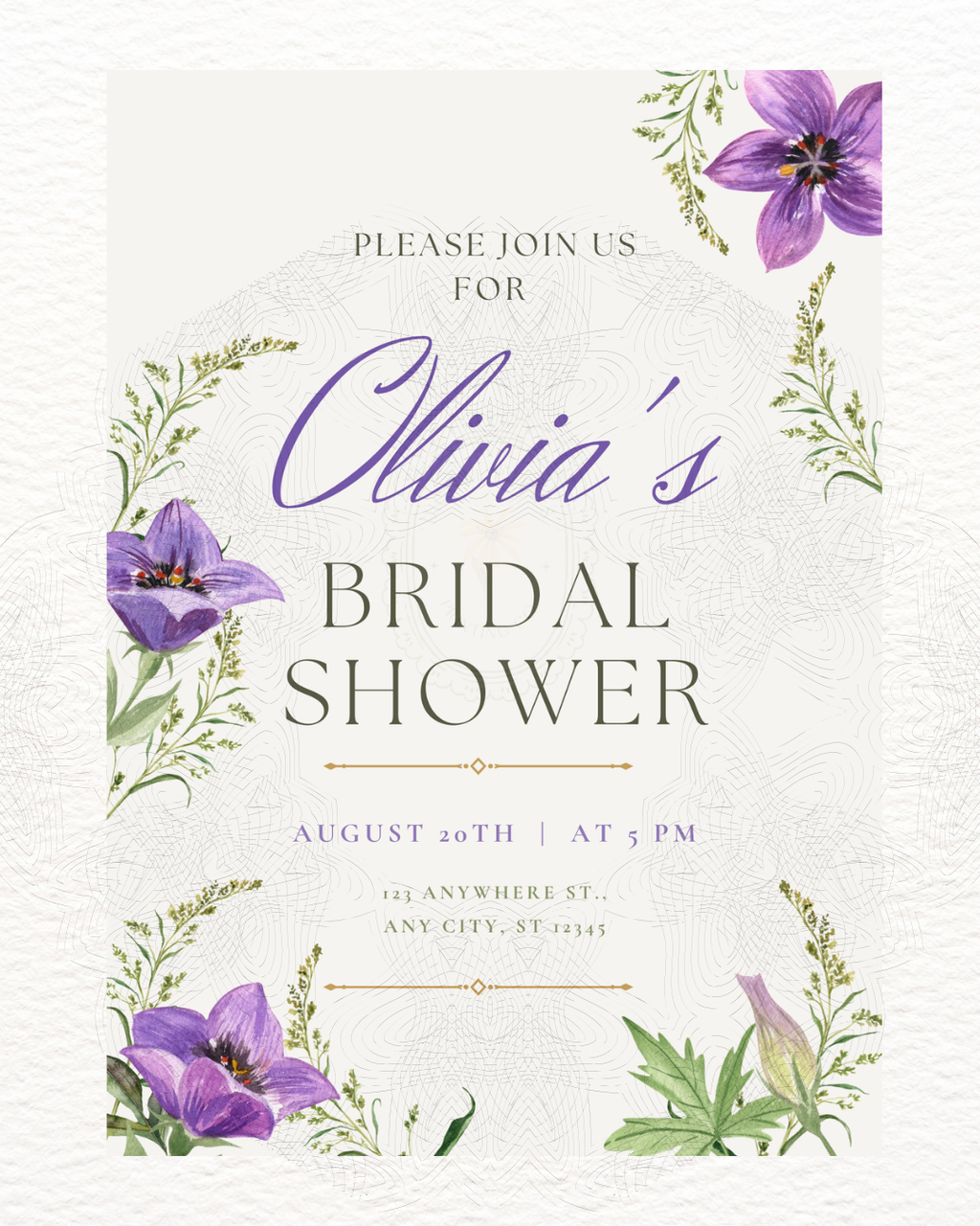 Violet Wildflower Bridal Shower Invitation | Minimalist Printable Invite | Digital Download