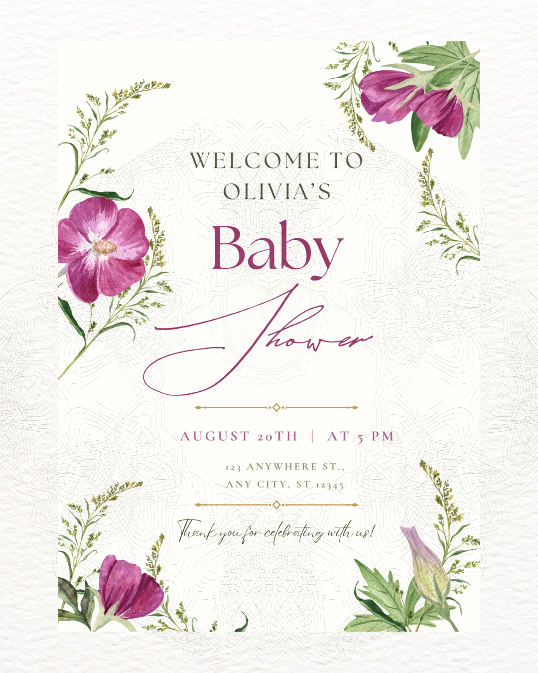 Purple Wildflower Baby Shower Welcome Sign | Editable Canva Template | Digital Download