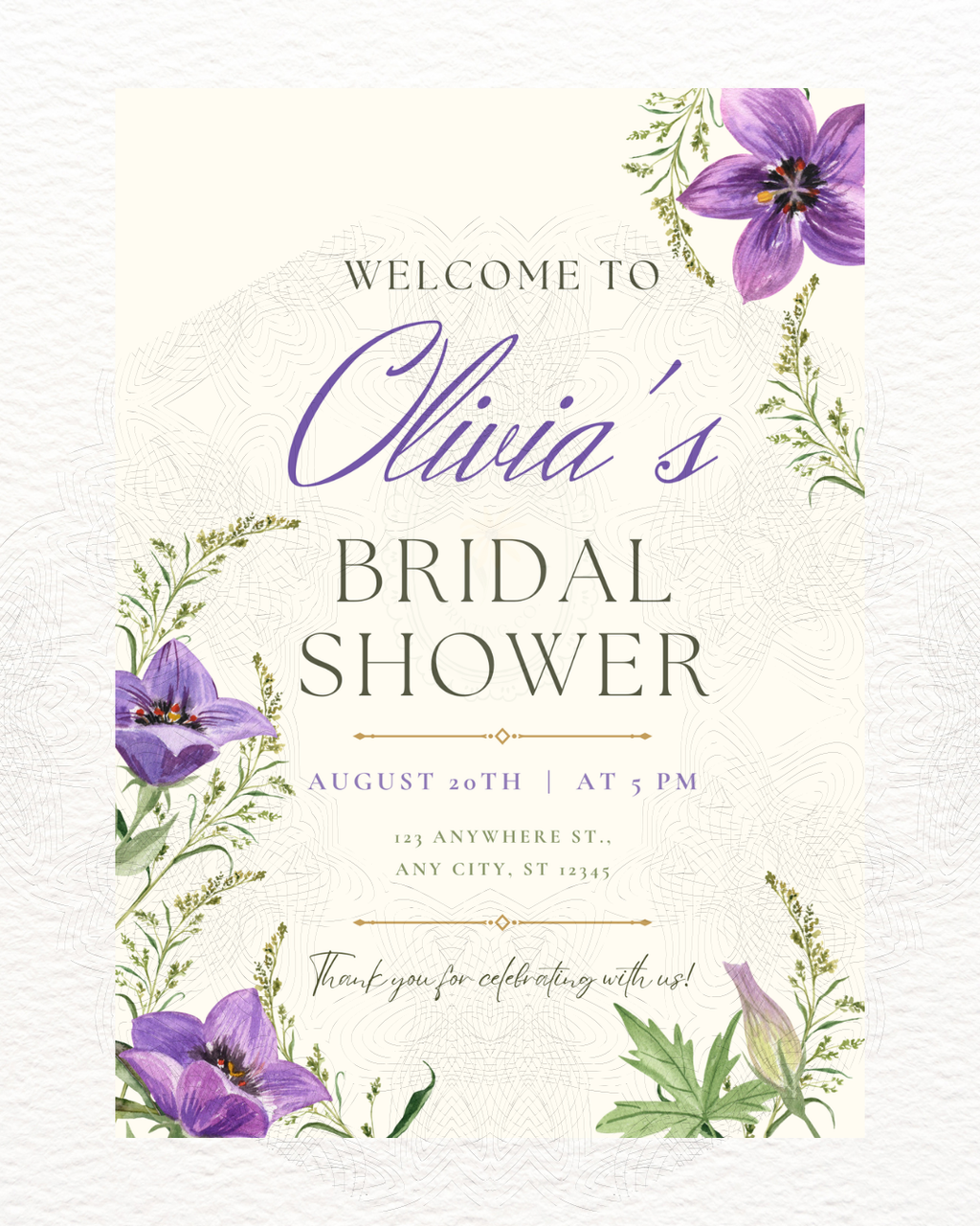 Violet Wildflower Bridal Shower Welcome Sign | Editable Canva Template | Digital Download