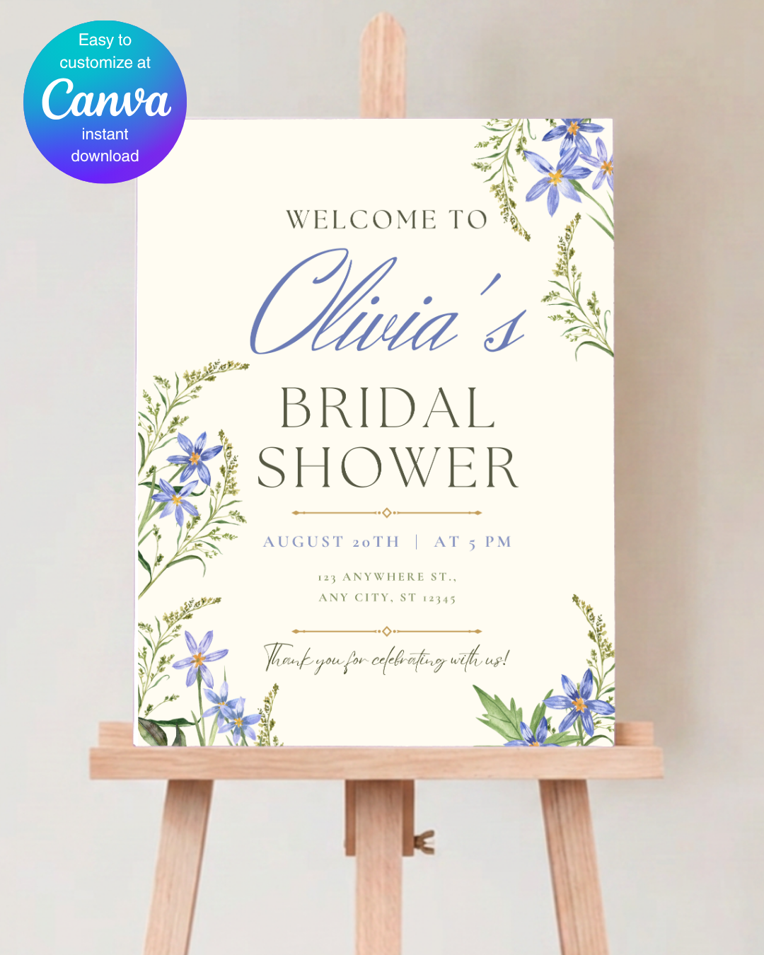 Blue Wildflower Bridal Shower Welcome Sign | Editable Canva Template | Digital Download