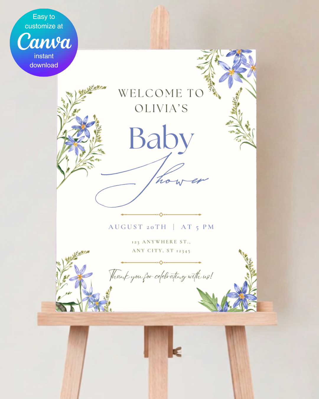 Blue Wildflower Baby Shower Welcome Sign | Editable Canva Template | Digital Download